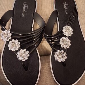 Black Floral Crystal Thong Sandals for Women